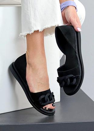 Трендові чорні босоніжки натуральна замша низький хід