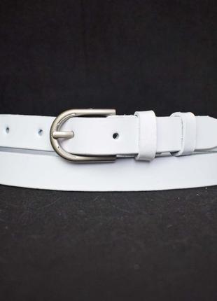 Ремень 2 см белый кожаный женский тонкий с серебряной пряжкой из натуральной кожи для платья на талию