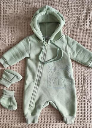 Комбинезон ромпер на флисе + пинетки + стильная шапуля