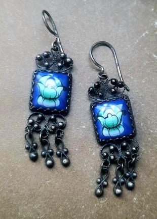 Винтажные мельхиоровые очень красивые серьги скань филлигрань финифть