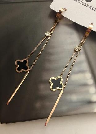 Сережки з чорною конюшиною з медичного золота stainless steel, xuping позолочені