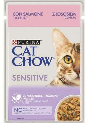 Cat chow sensitive-для дорослих кішок з чутливим травленням з лососем та цукіні 85гр