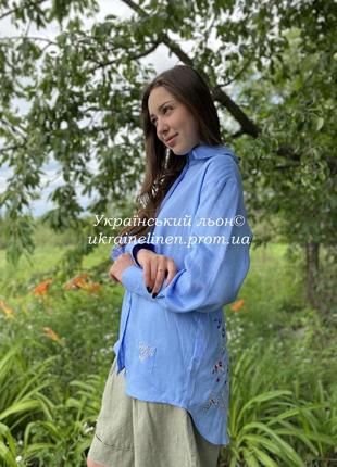 Блуза фелиция голубая, галерея льна, льняная рубашка, вышиванка 44-54рр.