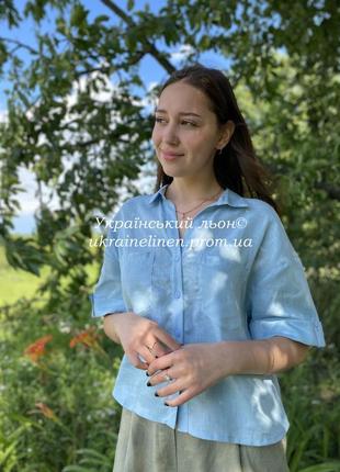 Блуза бонжур голубая галерея льна, льняная рубашка, 44-52рр.