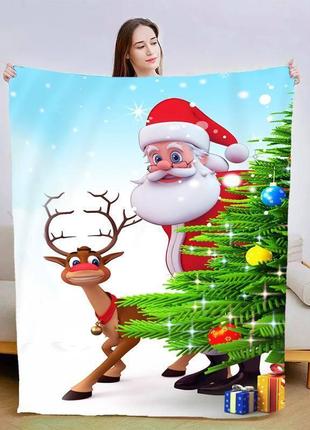 Плед новогодний санта с оленем качественное покрывало с 3d рисунком размер 135х160