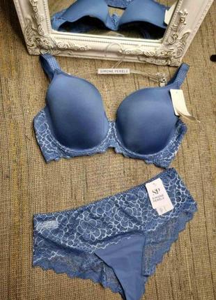 Комплект білизни simone perele caresse з мереживними трусиками сіро-блакитний 80e/m💙💙💙
