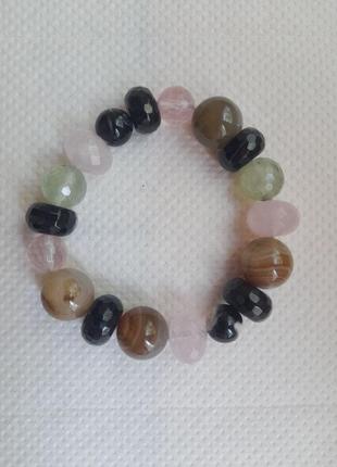 Браслет из натурального камня агата, розового кварца, пренита