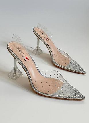 Нарядні босоніжки туфлі на шпильці жіночі срібні силіконові прозорі з камінням