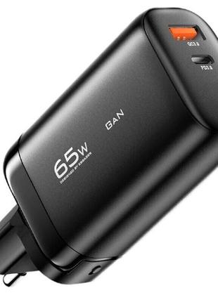 Мережевий зарядний пристрій essager shining 65w gan travelling charger type-c+usb-a eu  black (ectac-myb01-z)