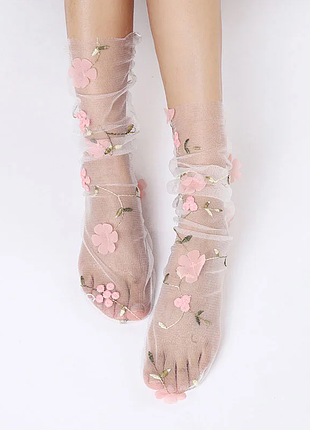Новые прозрачные фатиновые носки с вышивкой цветы