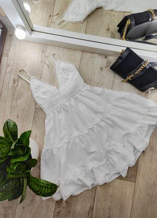 Стильна біла літня ярусна сукня, сарафан з воланами від ecowish.4 фото