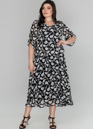 Чорна літня жіноча шифонова сукня з принтом, великі розміри5 фото