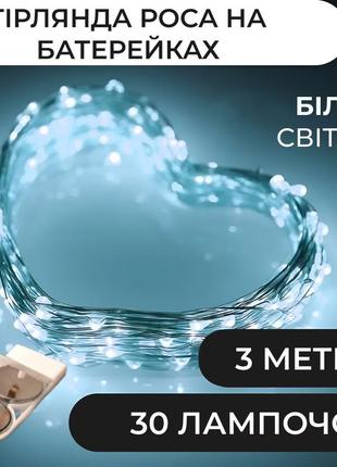Гирлянда светодиодная на батарейках garlandopro 30led 3м медный провод гирлянды роса, белый