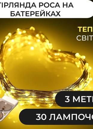 Гирлянда светодиодная на батарейках garlandopro 30led 3м медный провод гирлянды роса, желтый