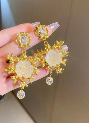 Ефектні королівські сережки в стилі модерн, троянда, кришталеві кулі, люкс