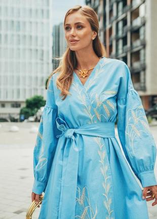 Колоритное платье-кимоно с вышивкой, украинное платье вышиванка, этно платье с вышивкой и поясом3 фото