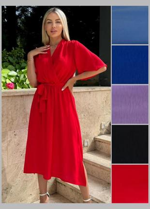 Сукня міді з поясом жіноча приталена на резинці з v подібним вирізом декольте на запах чорне лавандове червоне електрик літо весна