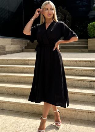 Сукня міді з поясом жіноча приталена на резинці з v подібним вирізом декольте на запах чорне лавандове червоне електрик літо весна