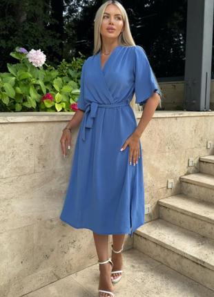 Сукня міді з поясом жіноча приталена на резинці з v подібним вирізом декольте на запах чорне лавандове червоне електрик літо весна