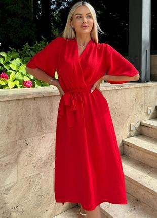 Сукня міді з поясом жіноча приталена на резинці з v подібним вирізом декольте на запах чорне лавандове червоне електрик літо весна