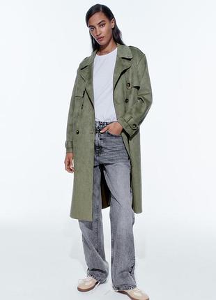 Замшевый тренч, зеленый, хаки, zara