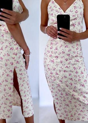 Атласная сатиновая миди юбка с разрезом в цветочный принт zara новая коллекция атласная юбка