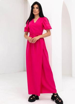 Летнее длинное платье на запах из льна малиновое | 83468