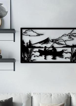 Декор для комнаты, современная картина на стену "рыбалка в лодке", минималистичный стиль 30x15 см1 фото
