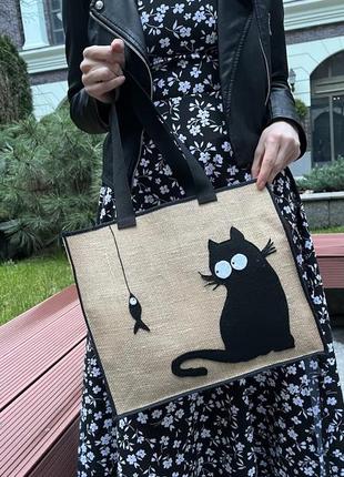 Шопер,сумка,шопер з мішковини,шопер з котом