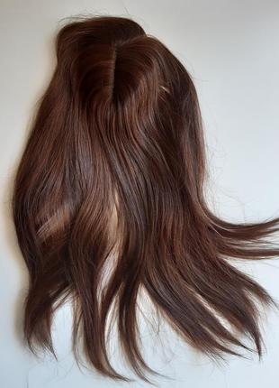 Парик с чёлкой, топпер, накладка для макушки, коричневые, каштановые волосы