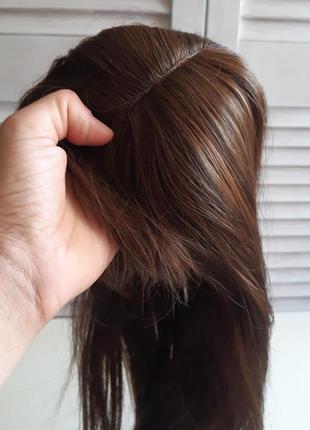 Парик с чёлкой, топпер, накладка для макушки, коричневые, каштановые волосы