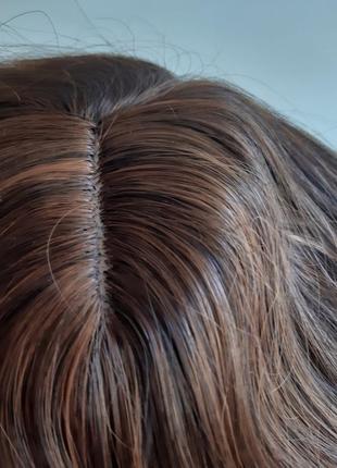 Парик с чёлкой, топпер, накладка для макушки, коричневые, каштановые волосы