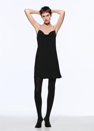 Черное мини платье zara с бретельками со стразами