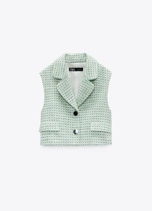 Zara зелений білий твід короткий текстурований жилет жилет nwt розмір л/хл