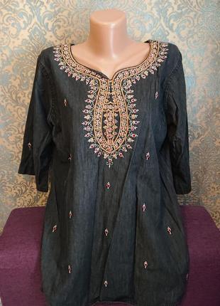 Красивая джинсовая блуза с вышивкой р.44/46 блузка кофточка котон