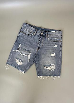 Стильные голубые джинсовые шорты h&m, голубые, синие, рваные, с порванностями, эйчендем, летние
