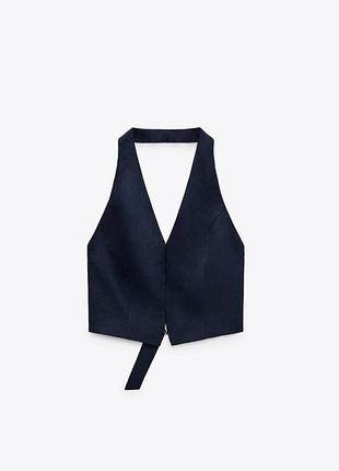 Темно-синій лляний жилет халтер з відкритою спиною від next під zara з квіточками
