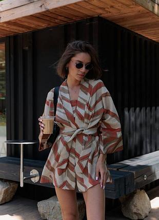 Льняной костюм тройка топ шорты и кардиган