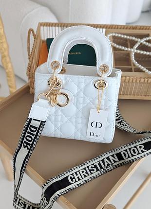Сумка lady dior міні широкий ремінь білий