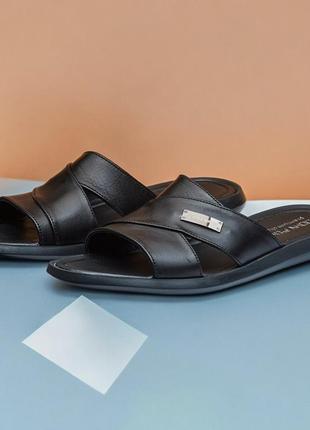 Мужские кожаные шлёпанцы (натуральная кожа) чёрные, тапочки, сланцы из кожи на лето...