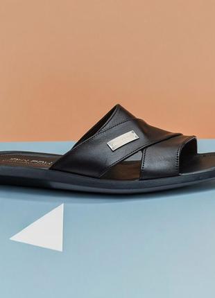 Мужские кожаные шлёпанцы (натуральная кожа) чёрные, тапочки, сланцы из кожи на лето...