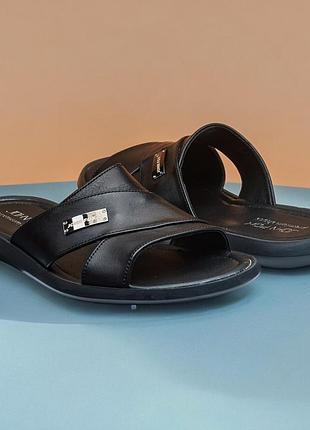 Мужские кожаные шлёпанцы (натуральная кожа) чёрные, тапочки, сланцы из кожи на лето...