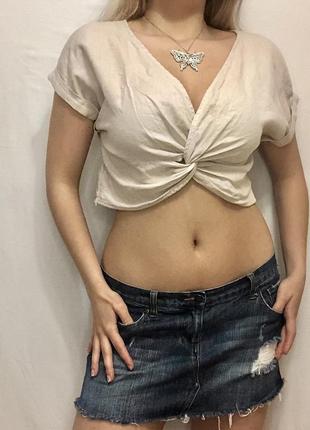 Короткий лляний кремовий бежевий топ