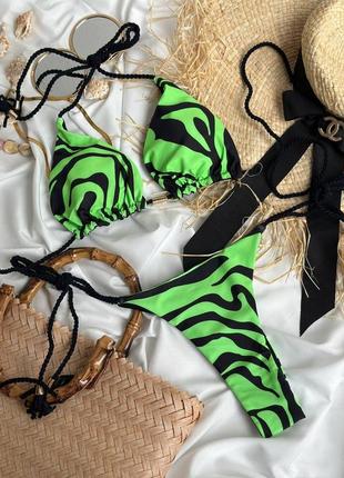Яркий женский трендовый купальник в принт лиф шторка трусики на завязках бюст + плавки зебра раздельный