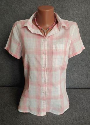 Коттонова сорочка в біло-рожеву карту 46 розміру