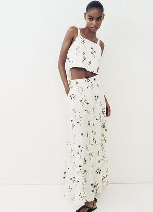 Zara юбка льняная вышивка