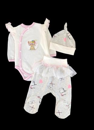 Комплект 3в1 : боді з довгим рукавом, повзунки, шапочка «кошеня», кулір тм  "happy tot" (62 см) (боді з