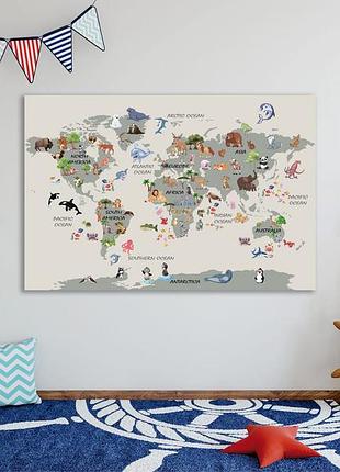 Детская карта мира с животными, печать на холсте, карта мира картина