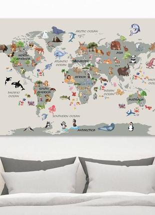 Детская карта мира с животными, печать на холсте, карта мира картина