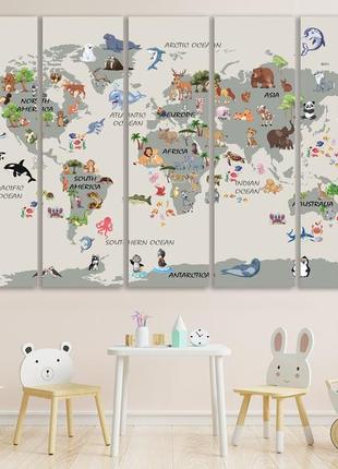 Детская карта мира с животными, печать на холсте, карта мира картина